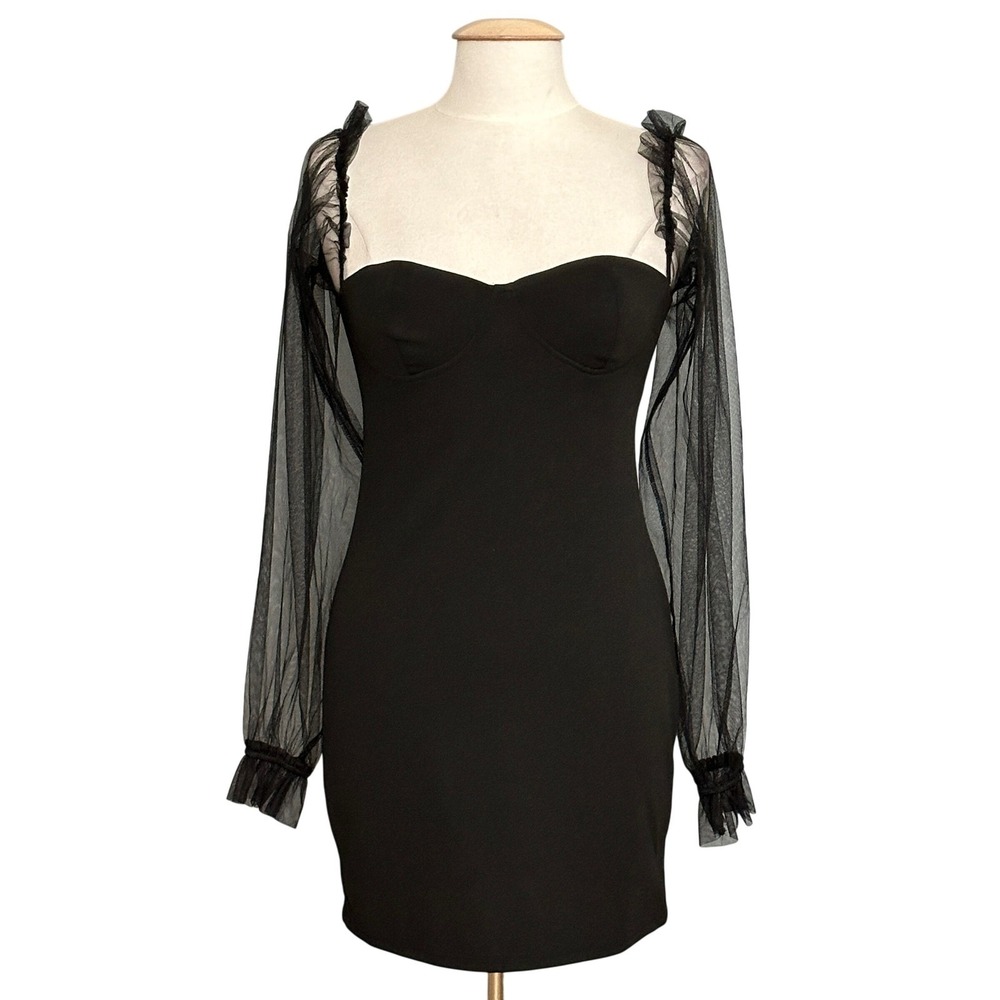 Gothic Chic Womens Dress 8 US Black Bodycon Mini Sheer Sleeve Night Out Coquette